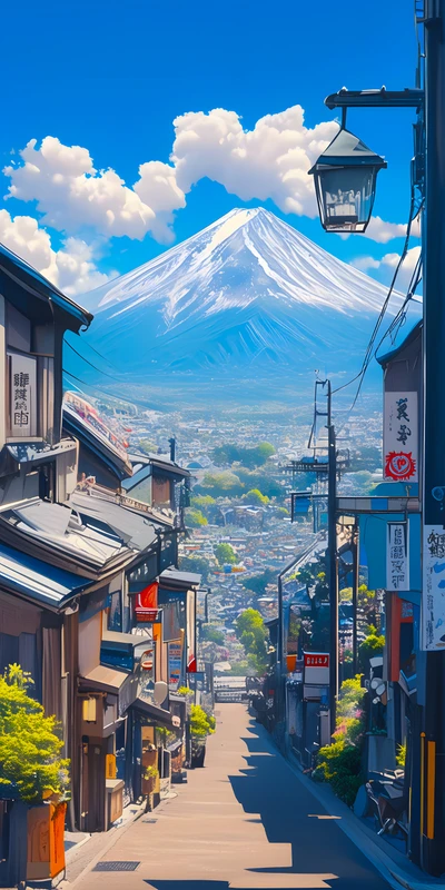 Japanese Street with Mount Fuji 8K Ultra HD Phone Wallpaper