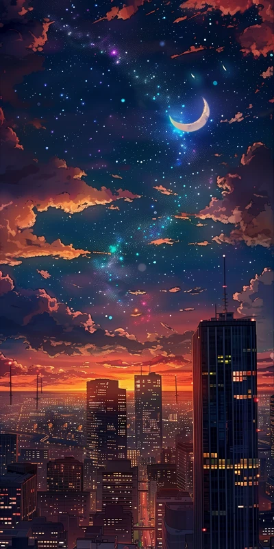 Anime-Style City Night Sky 8K Wallpaper