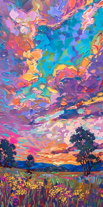 Abstract Oil Painting Wildflower Field Sunset 8K Desktop Wallpaper