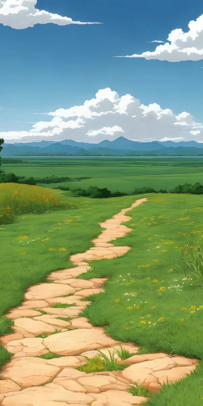 Studio Ghibli Style Path Through Green Fields 8K Ultra HD Phone Wallpaper