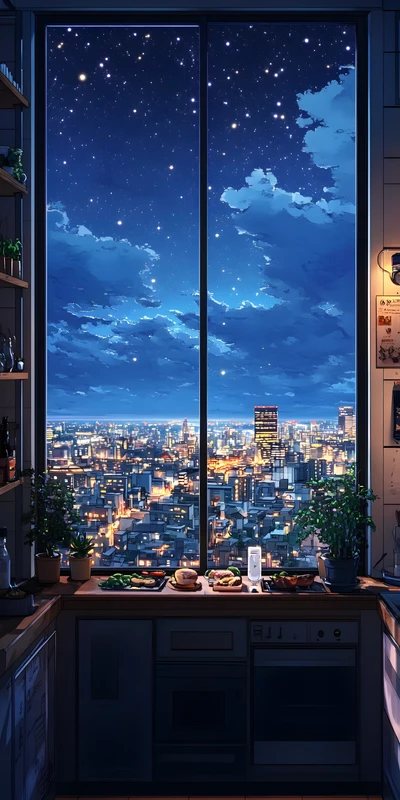 Anime Cityscape Night Sky 8K Ultra HD Phone Wallpaper