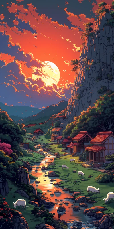 Japanese Village Sunset 8K Ultra HD Phone Wallpaper