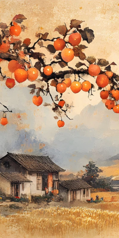 Chinese Style Persimmon Tree 8K Desktop Wallpaper