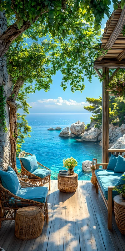 Mediterranean Coastal Terrace 8K Ultra HD Phone Wallpaper