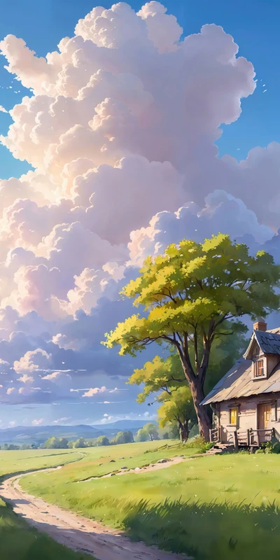 Anime Countryside Cottage 8K Ultra HD Phone Wallpaper