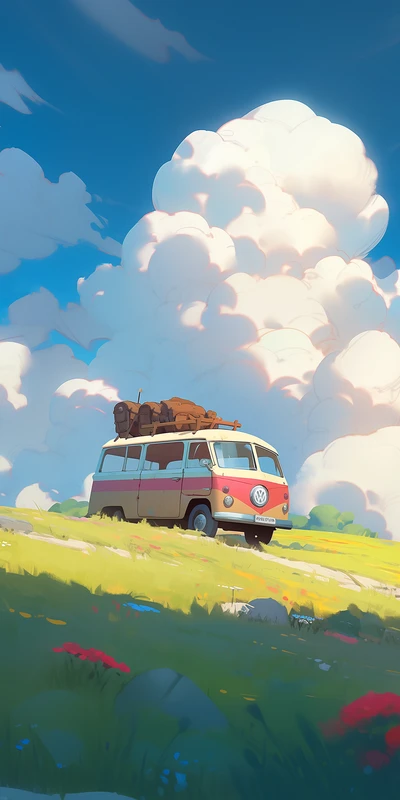 Anime Style Van in Meadow 4K Phone Wallpaper