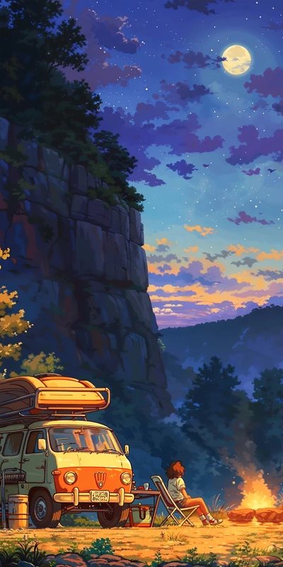 Anime-style Campfire Night Sky 8K Ultra HD Phone Wallpaper