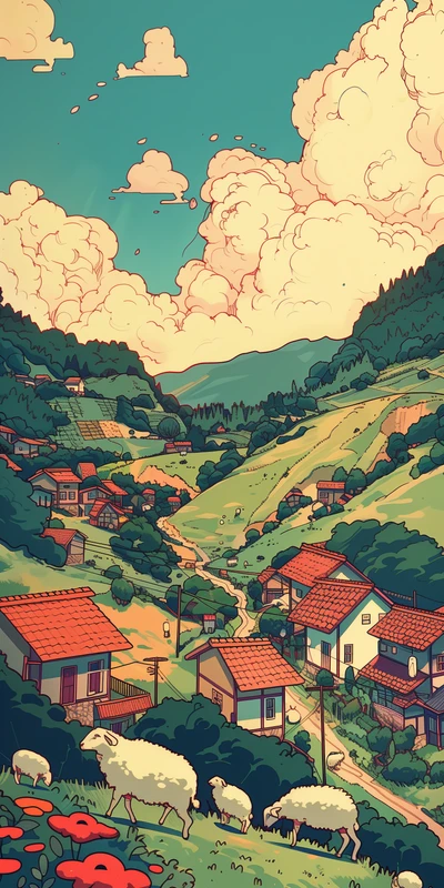 Anime Village Landscape 8K Ultra HD Phone Wallpaper
