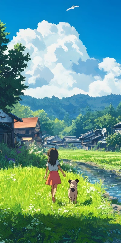 Japanese-style pastoral girl and puppy 8K desktop wallpaper