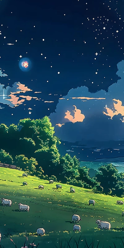 Miyazaki-Style Night Sky Pasture 8K Desktop Wallpaper