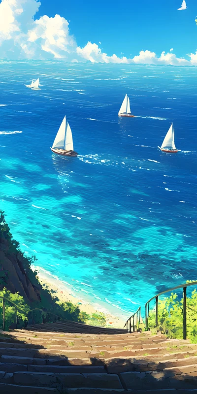Anime-Style Coastal Sailing Boats 8K Desktop Wallpaper