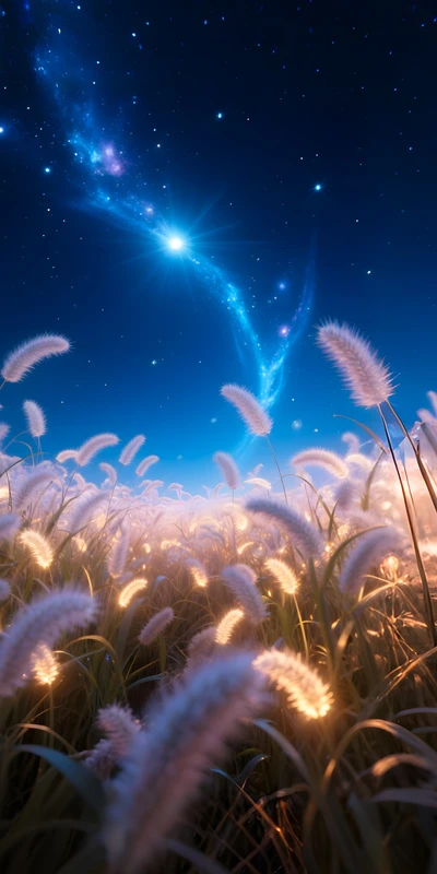 Cosmic Night Sky Over Glowing Grass 8K Ultra HD Phone Wallpaper