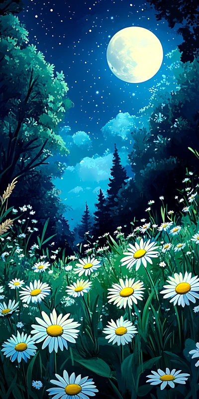 Oriental Art Moonlit Daisy Field 8K Ultra HD Phone Wallpaper