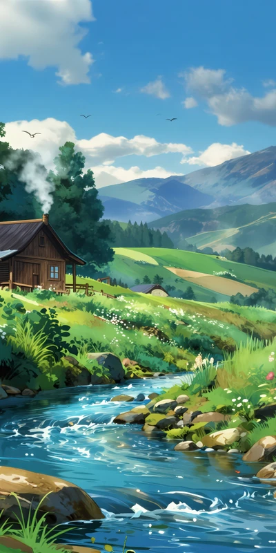 Anime Mountain Stream Cabin 8K Ultra HD Phone Wallpaper