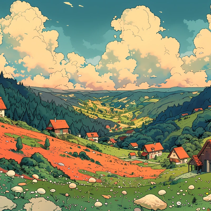 Anime-dorp in een vallei 4K bureaubladachtergrond