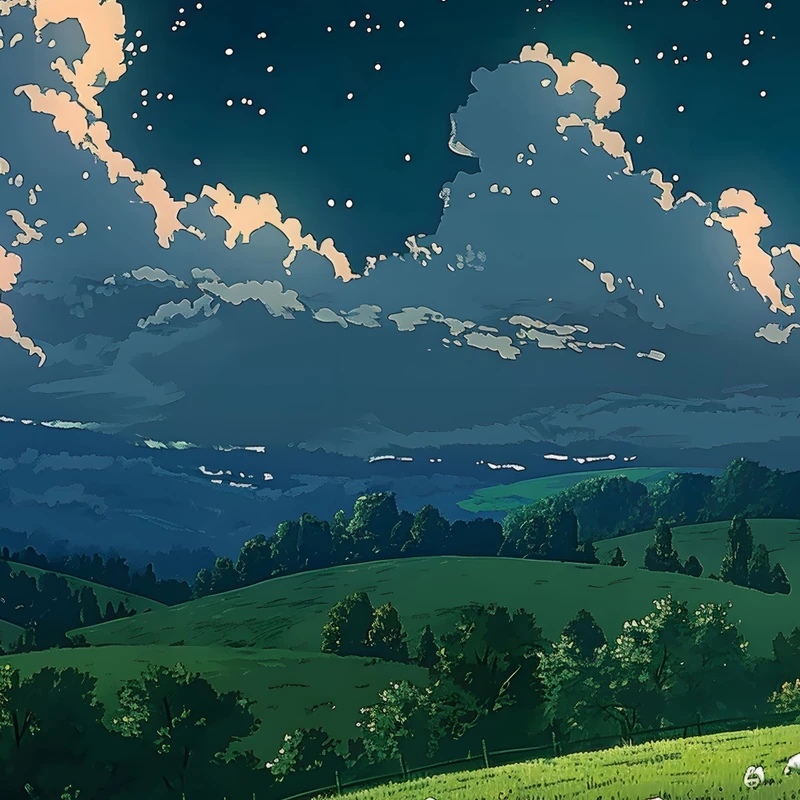 Miyazaki-Style Night Sky Meadow 8K Desktop Wallpaper