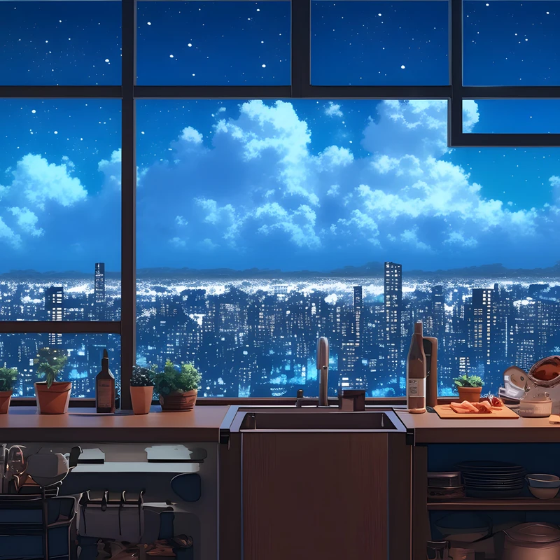 Animekaupungin yövalo 4K työpöytätaustakuva