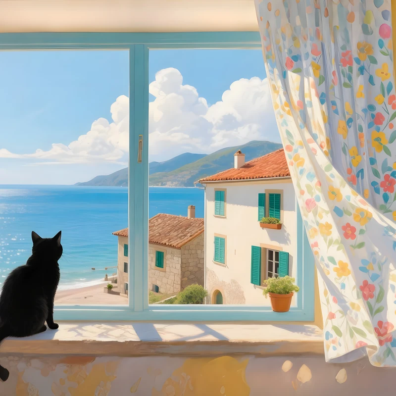 Paysage de fenêtre côtière méditerranéenne 4K pour bureau