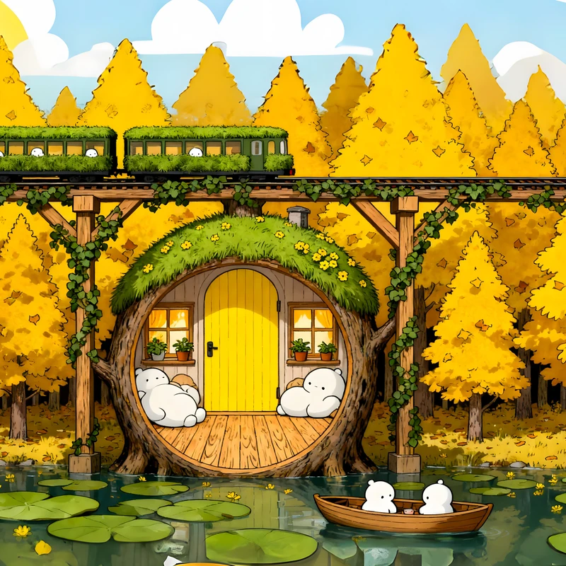 Anime-aiheinen syksyn metsän mökki 4K työpöytätausta