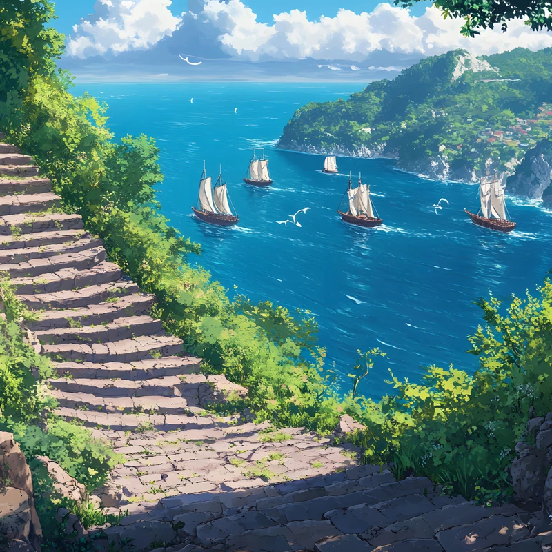 Japansk anime-kyst med stentrin 8K ultra HD baggrundsbillede
