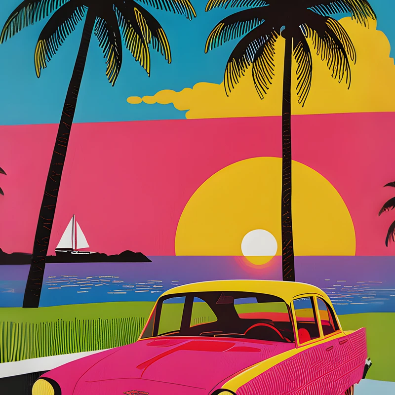 Paysage tropical rétro avec voiture 8K Ultra HD pour téléphone