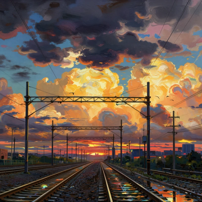 Anime železniční západ slunce 8K Ultra HD stolní pozadí