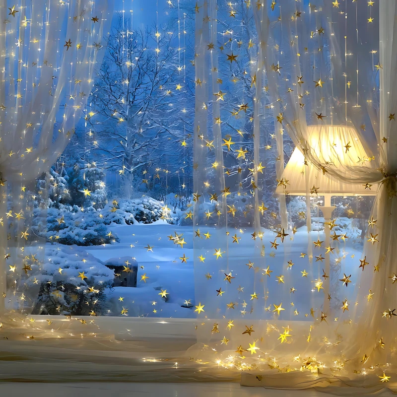 Vue de fenêtre hivernale avec lumières d'étoiles 4K Wallpaper
