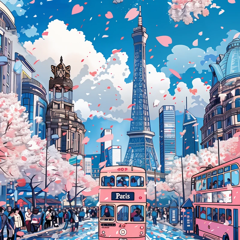 Paris Cherry Blossom Street Scene 8K Ultra HD Desktop Wallpaper