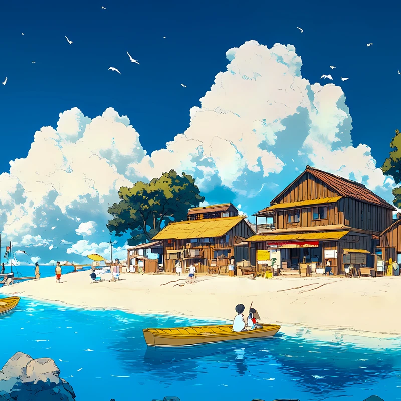 Anime přístavní vesnice 4K stolní pozadí