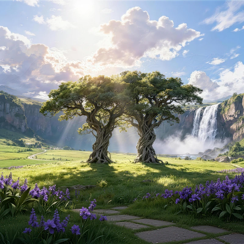 Fantasy Valley Twin Trees 8K Ultra HD Desktop Wallpaper