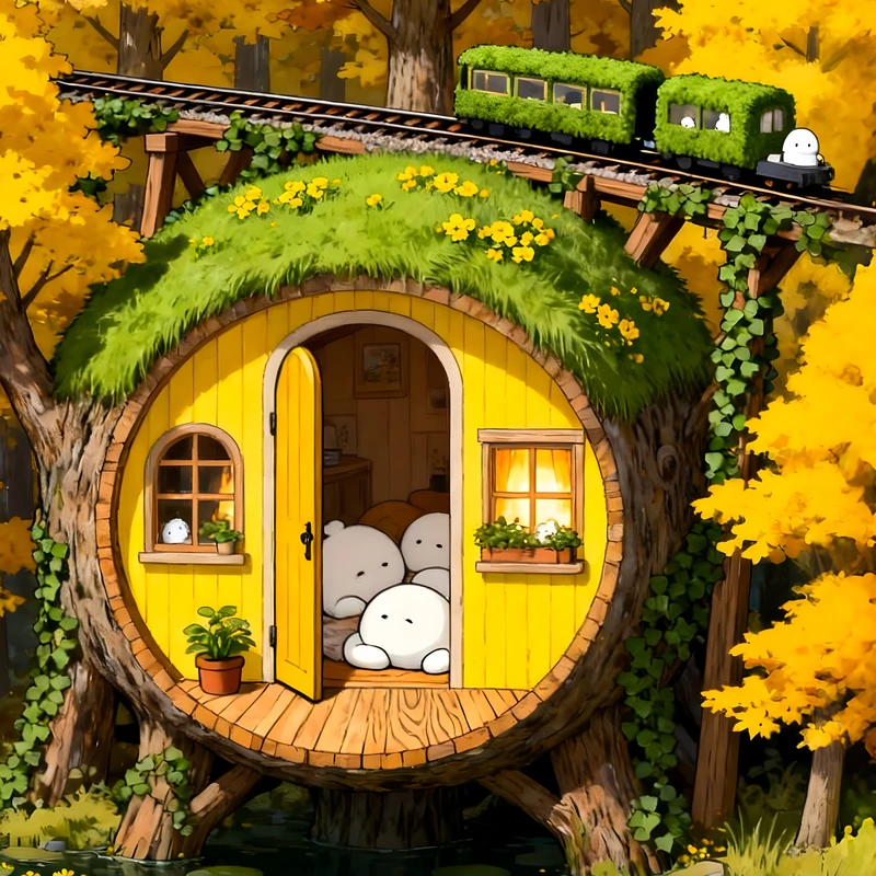 Anime-ikävä talo syksyn metsässä 8K Ultra HD -puhelimen taustakuva