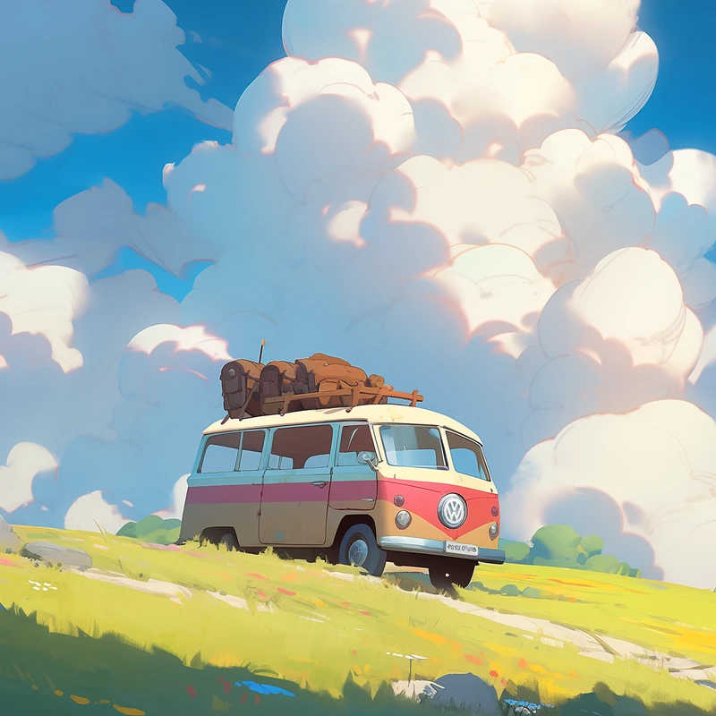 Anime-stijl vintage camper op een weiland 4K telefoon achtergrond