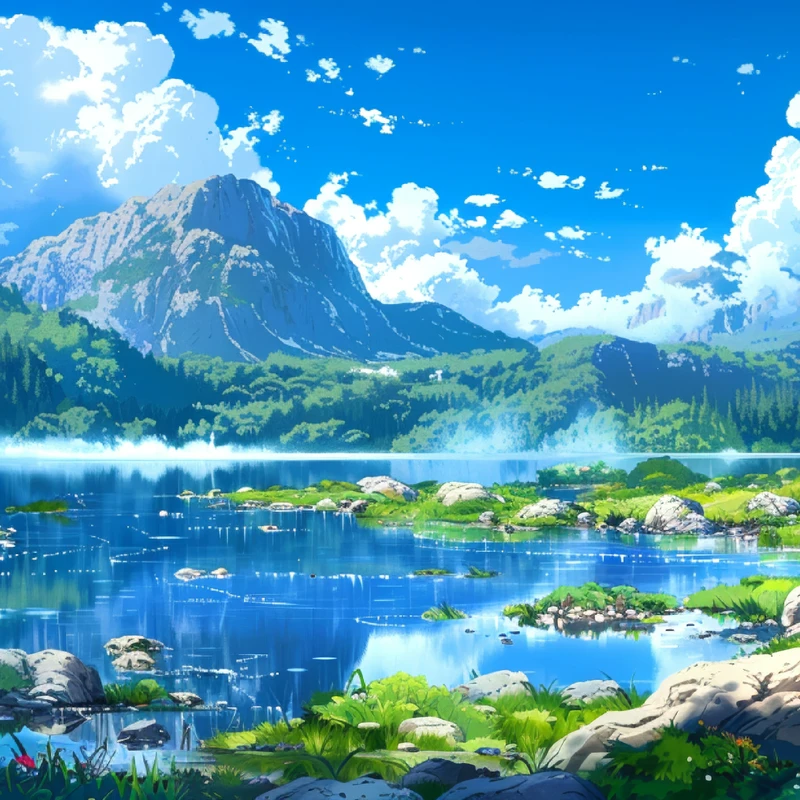 Japanese Anime Lake and Mountain Landscape 8K Desktop Wallpaper