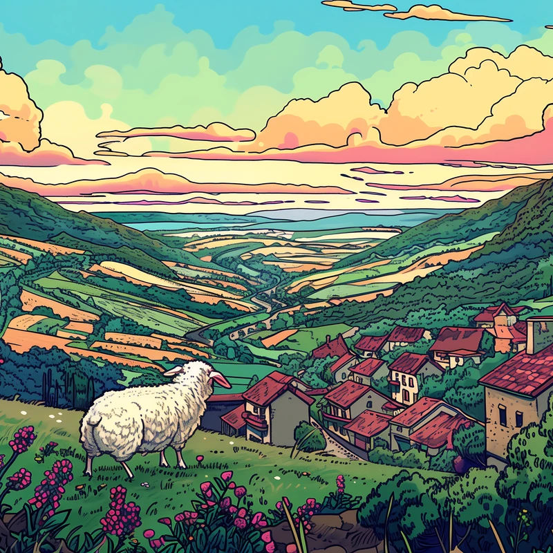 Illustratie Landelijke Vallei Schapen 8K Ultra HD Desktop Wallpaper