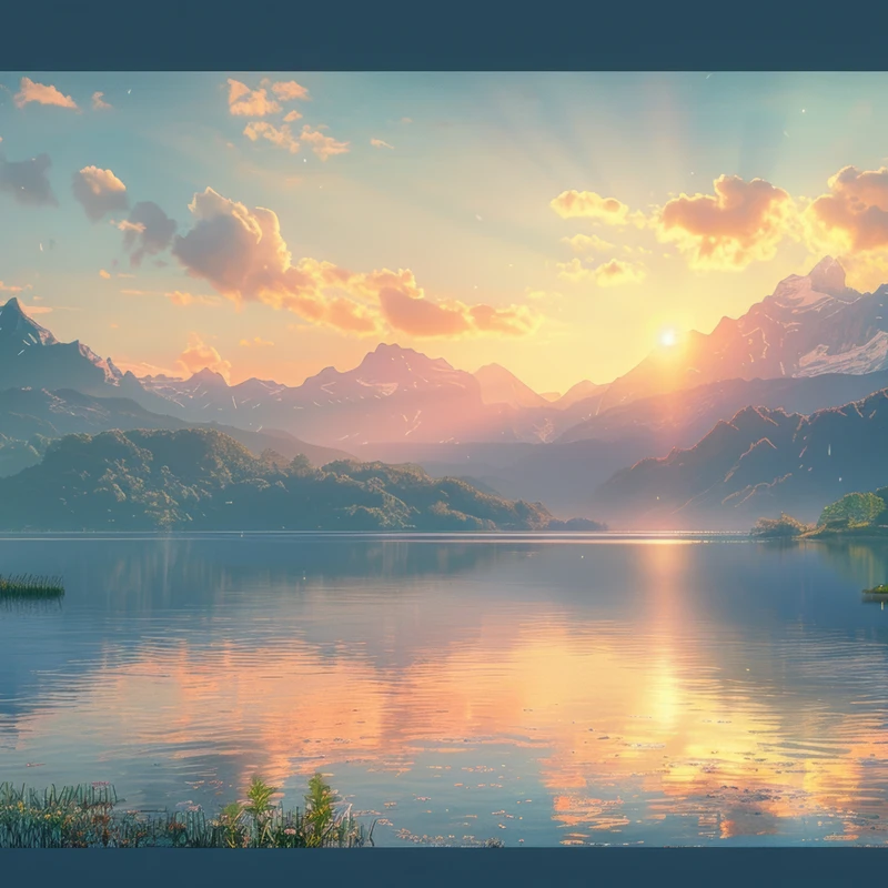 Orientální umění horské jezero západ slunce 8K Ultra HD stolní pozadí