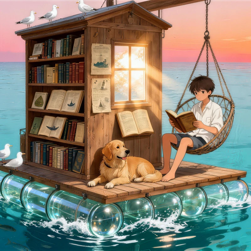 Japansk anime: Søfartende boghandel ved havet, 8K desktoptapet