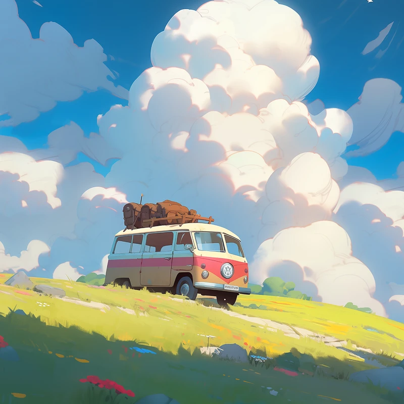 Anime-stijl vintage bus in weiland 4K bureaublad achtergrond