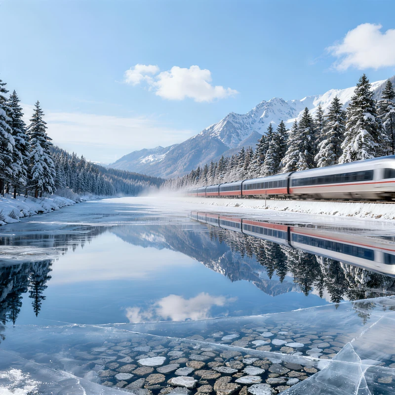 Treno ad alta velocità in paesaggio innevato nordico 8K Wallpaper per desktop