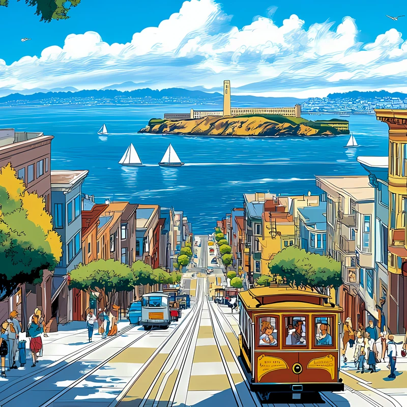 Anime-achtige straatscene van San Francisco 4K bureaubladachtergrond