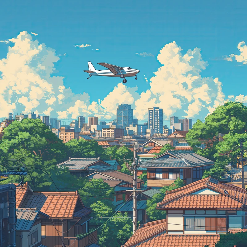 Japonský anime městský výhled 8K Ultra HD stolní pozadí