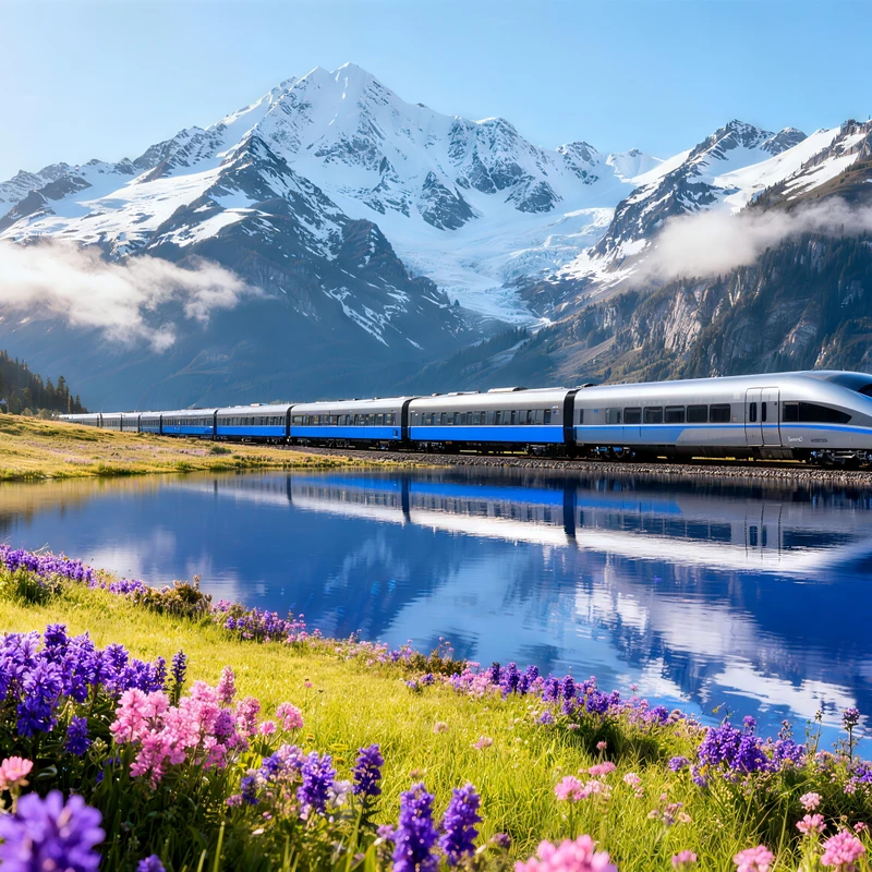 Treno sulle Alpi con Montagne Nivee 8K Ultra HD Wallpaper