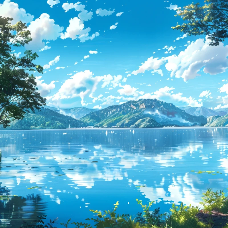 Japanese Anime Lake Mountains 8K Desktop Wallpaper