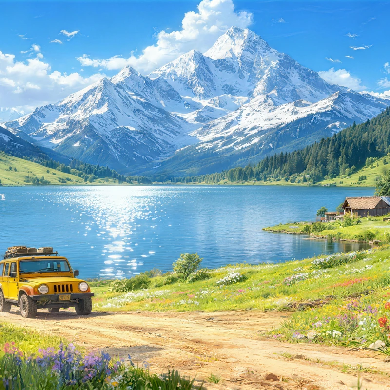 Alpine-bjerge, sne, sø og landskab – 8K-skrivebordsbaggrund