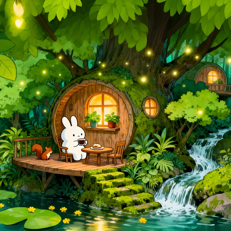 Anime Forest Bunny Hut 4K Desktop Wallpaper