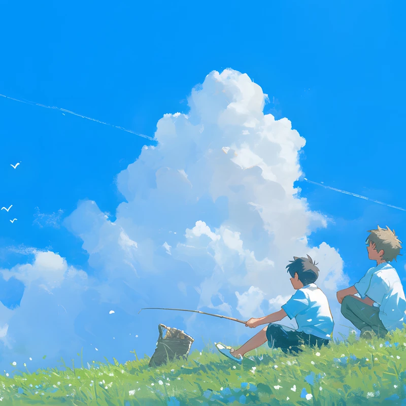 Studio Ghibli styl dívky rybáří na kopci 8K Ultra HD desktopový obrázek