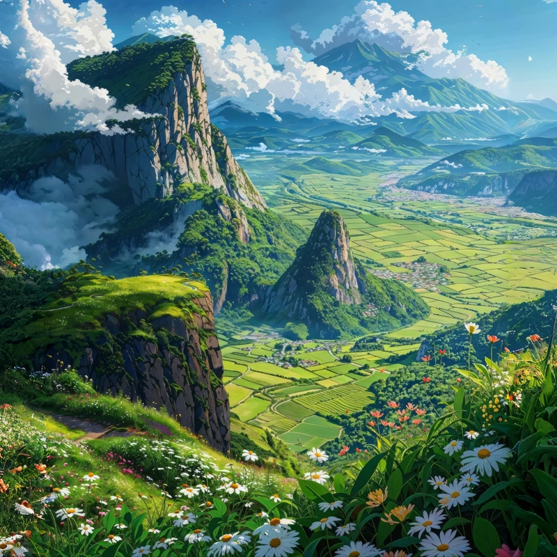 Sfondo Desktop in Stile Anime con Valle Montuosa 8K Ultra HD