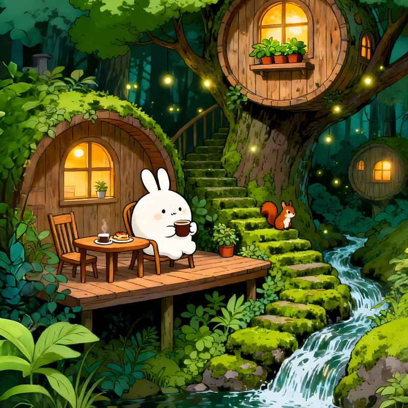 Oriental Art Forest Treehouse 8K Ultra HD Phone Wallpaper