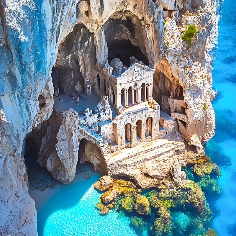 Mediterránský chrám na skalním okraji 8K Ultra HD mobilní pozadí
