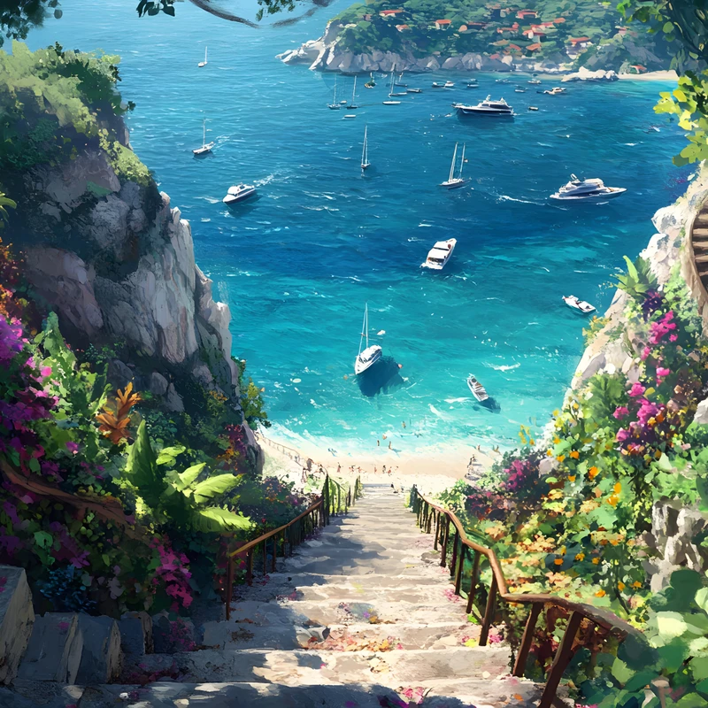 Anime-stil kysttrappe, 8K ultra HD baggrundsbillede