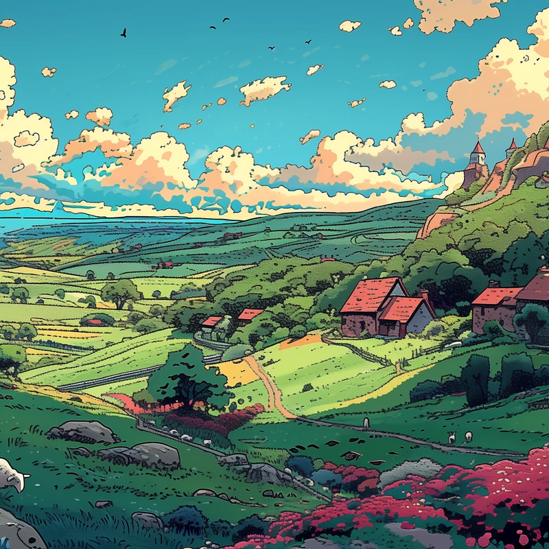 Studio Ghibli-stijl dorp in een dal 8K Ultra HD bureaubladachtergrond